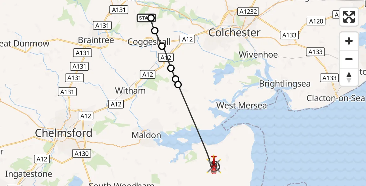 Flight route Air Ambulance Helicopter Earls Colne Airfield - Maldon, 12 August 2026, 14:18