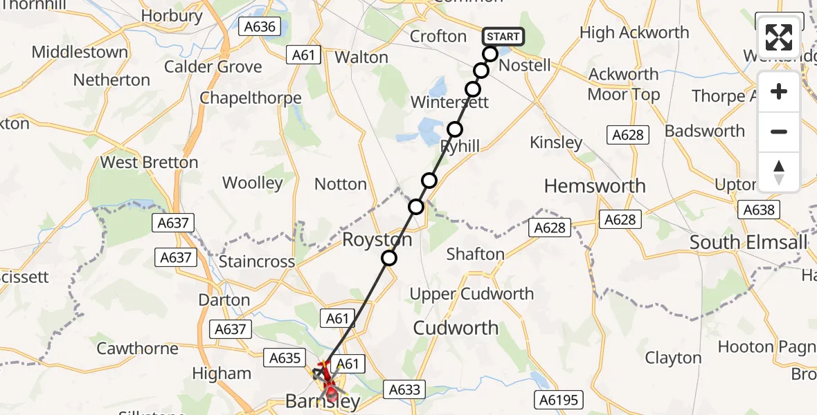 Flight route Air Ambulance Helicopter YAA Nostell Helicopter Port - Barnsley, 12 August 2026, 14:27