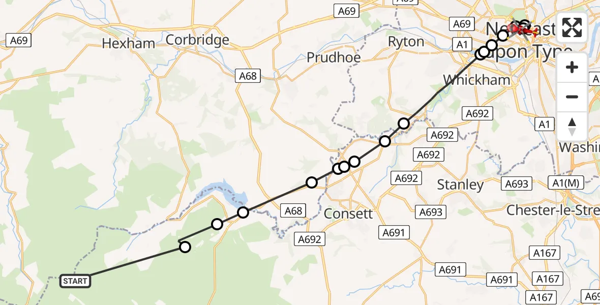 Flight route Air Ambulance Helicopter Hunstanworth - Newcastle Royal Victoria Infirmary, 12 August 2026, 14:30