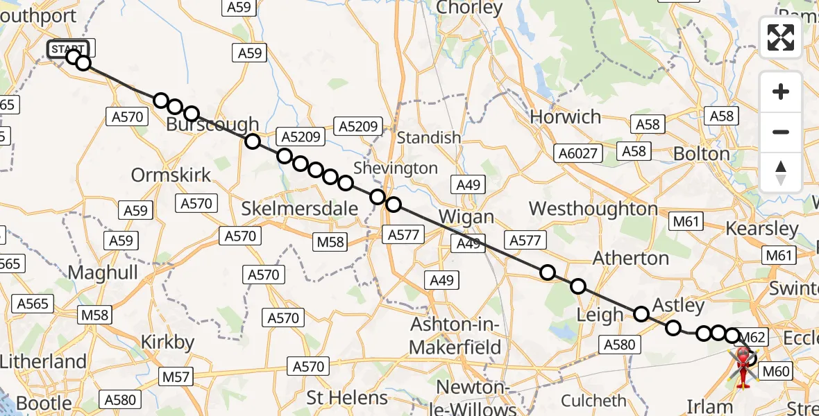 Flight route Air Ambulance Helicopter Southport - Manchester Barton Aerodrome, 12 August 2026, 14:33