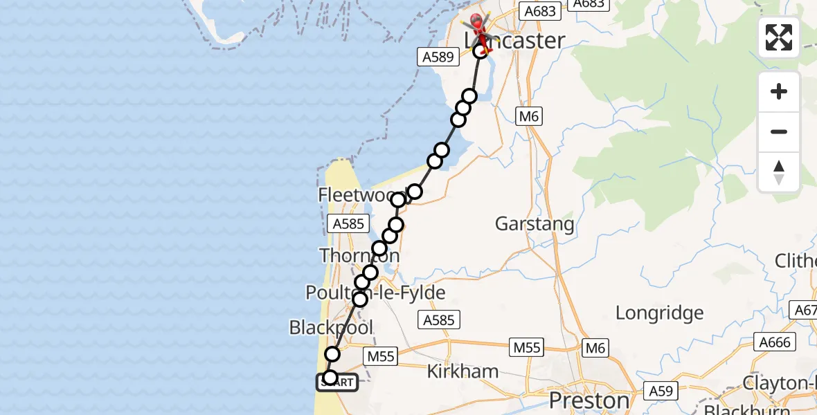 Flight route Air Ambulance Helicopter Blackpool Airport - Morecambe, 12 August 2026, 14:38