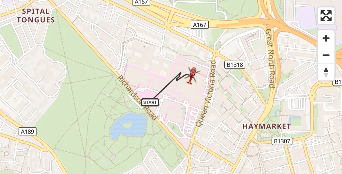 Flight route Air Ambulance Helicopter Newcastle Royal Victoria Infirmary - Newcastle Royal Victoria Infirmary, 12 August 2026, 14:40