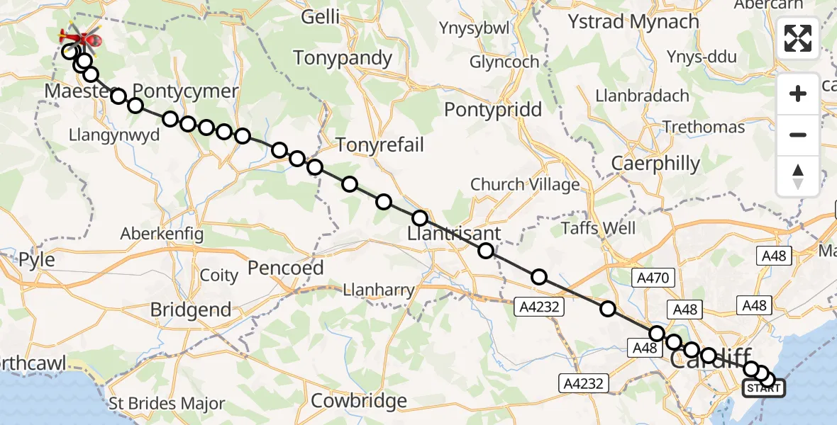 Flight route Air Ambulance Helicopter Cardiff Heliport - Caerau, 12 August 2026, 14:43