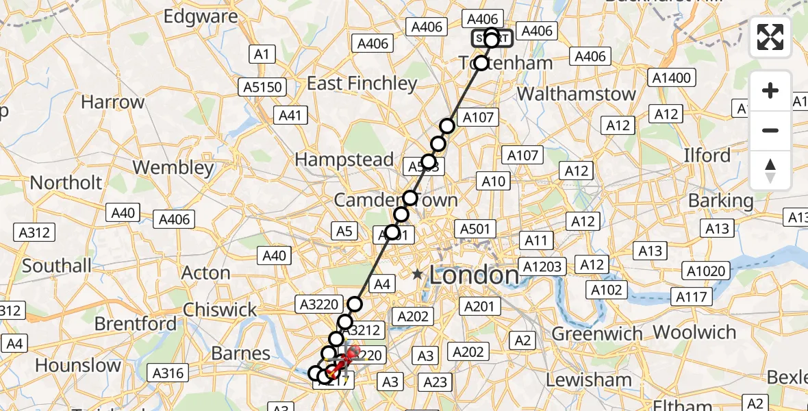 Flight route Air Ambulance Helicopter Enfield - London Heliport, 12 August 2026, 14:52