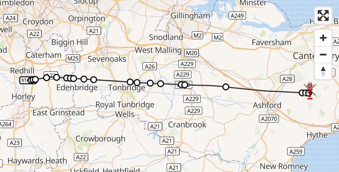 Flight route Air Ambulance Helicopter Redhill Aerodrome - Stelling Minnis, 12 August 2026, 14:59