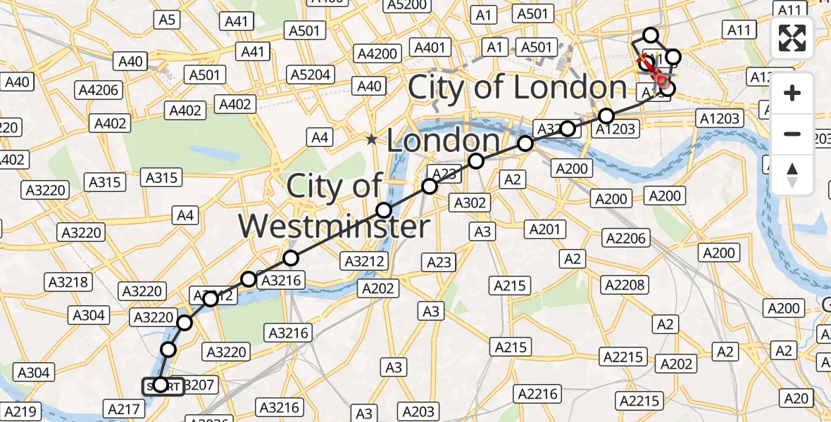 Flight route Air Ambulance Helicopter London Heliport - Royal London Hospital, 12 August 2026, 15:14