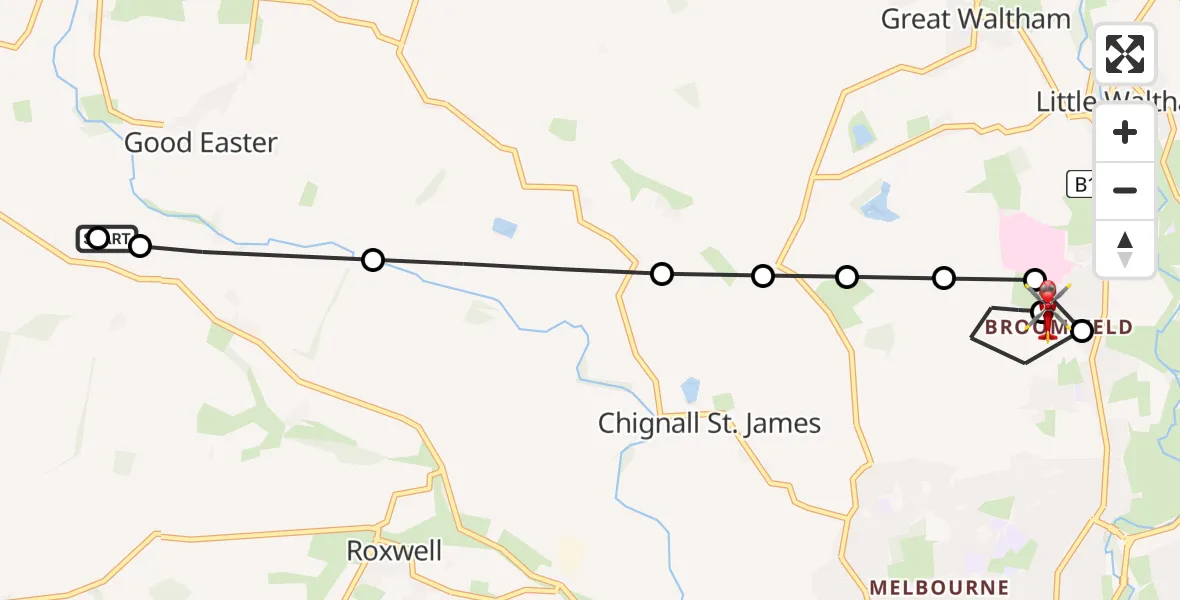 Flight route Air Ambulance Helicopter Good Easter - Little Waltham, 12 August 2026, 15:18