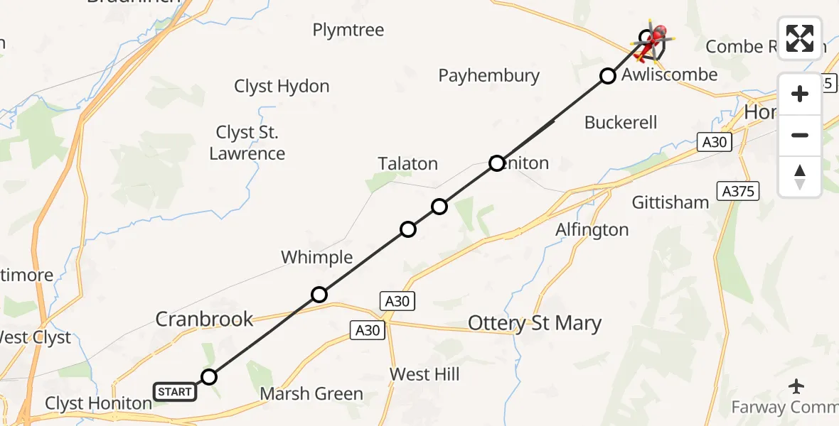 Flight route Air Ambulance Helicopter Exeter International Airport - Awliscombe, 12 August 2026, 15:21