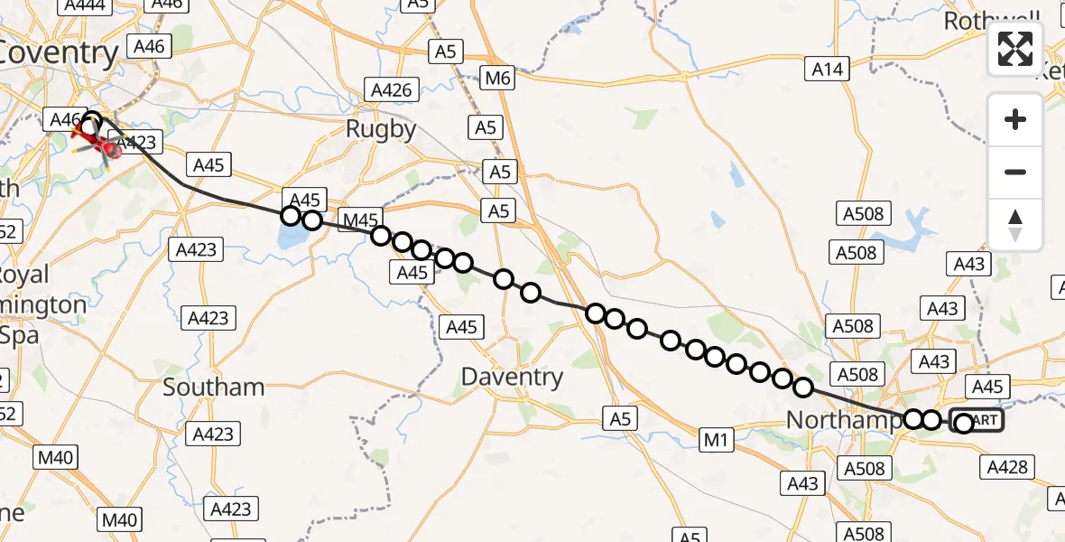 Flight route Air Ambulance Helicopter Cogenhoe - Warwick, 12 August 2026, 15:22