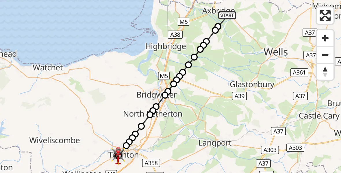 Flight route Air Ambulance Helicopter Cheddar - Musgrove Hospital, 12 August 2026, 15:26