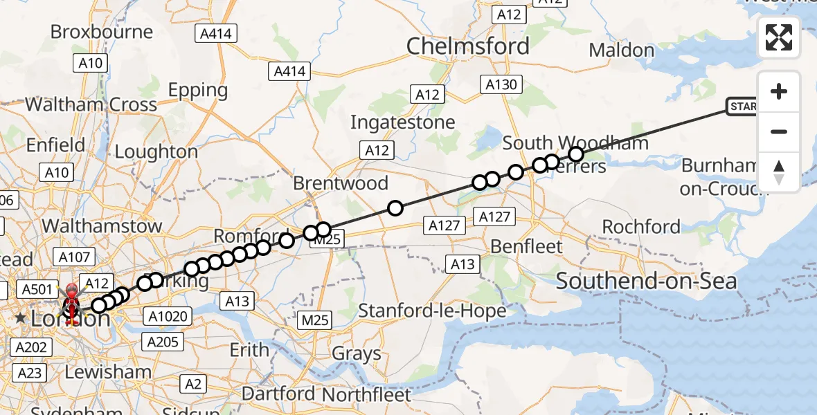 Flight route Air Ambulance Helicopter Maldon - Royal London Hospital, 12 August 2026, 15:31
