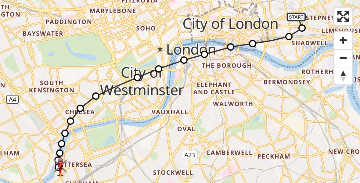 Flight route Air Ambulance Helicopter Royal London Hospital - London Heliport, 12 August 2026, 15:35