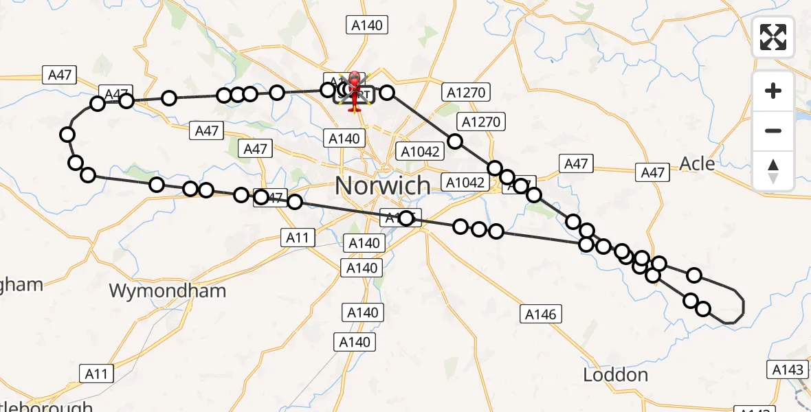 Flight route Air Ambulance Helicopter Norwich Airport - Norwich Airport, 12 August 2026, 15:42
