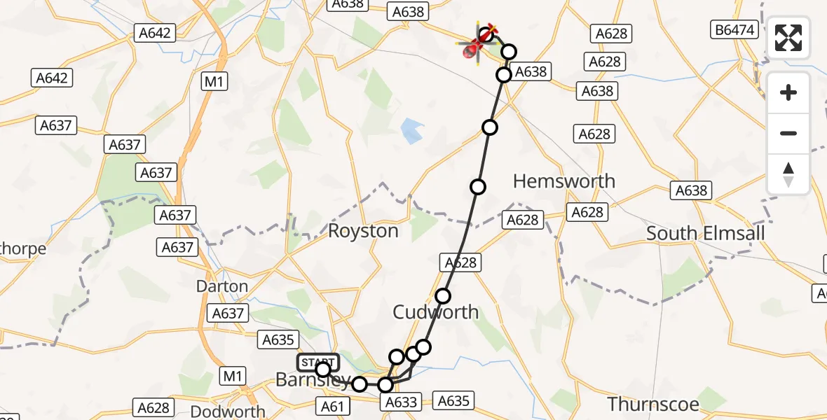 Flight route Air Ambulance Helicopter Barnsley - YAA Nostell Helicopter Port, 12 August 2026, 15:49