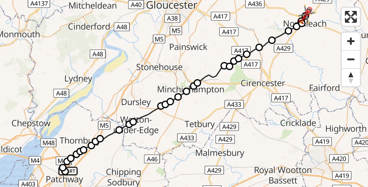 Flight route Air Ambulance Helicopter Almondsbury Helicopter Base - Turkdean, 12 August 2026, 15:49