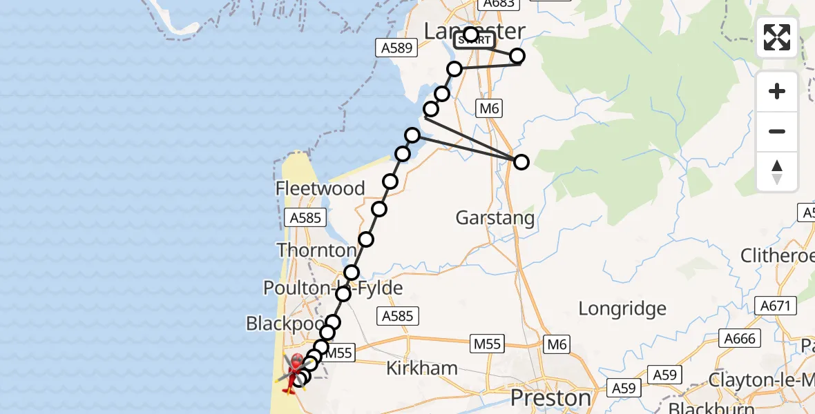 Flight route Air Ambulance Helicopter Lancaster General - Blackpool Airport, 12 August 2026, 16:00