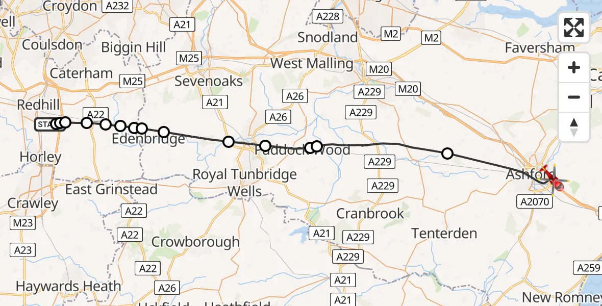 Flight route Air Ambulance Helicopter Redhill Aerodrome - Ashford, 12 August 2026, 16:05