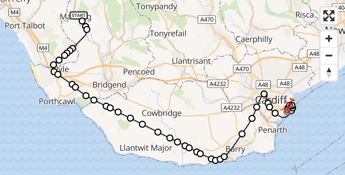 Flight route Air Ambulance Helicopter Maesteg - Cardiff Heliport, 12 August 2026, 16:25