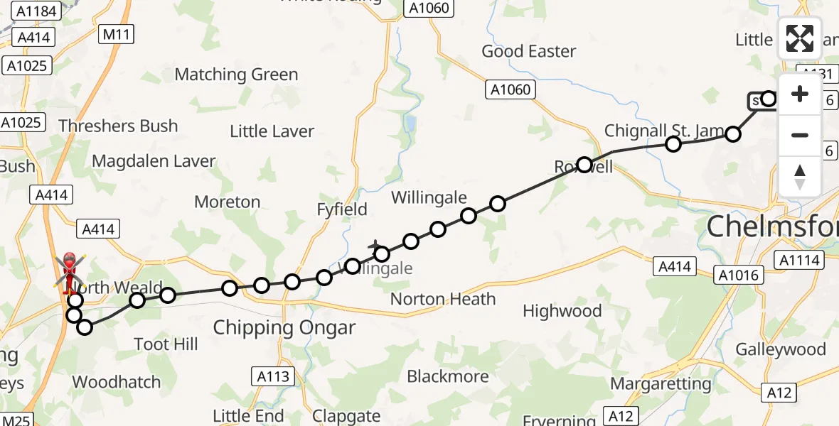 Flight route Air Ambulance Helicopter Broomfield Hospital - North Weald Airfield, 12 August 2026, 16:25