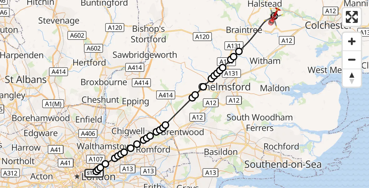 Flight route Air Ambulance Helicopter Royal London Hospital - Earls Colne Airfield, 12 August 2026, 16:32
