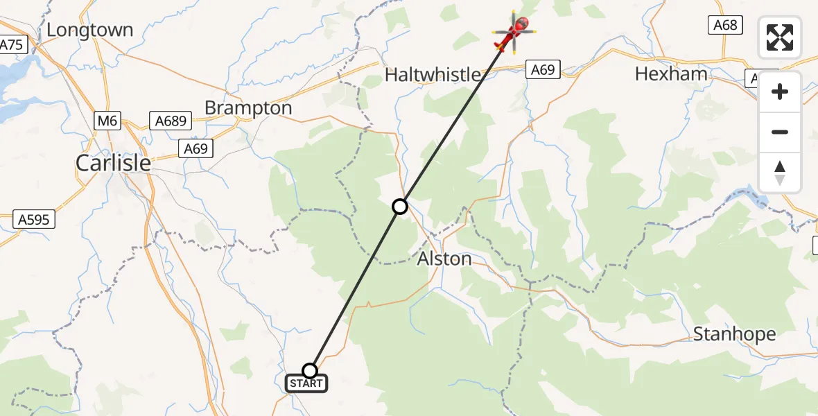 Flight route Air Ambulance Helicopter Melmerby - Bardon Mill, 12 August 2026, 16:31