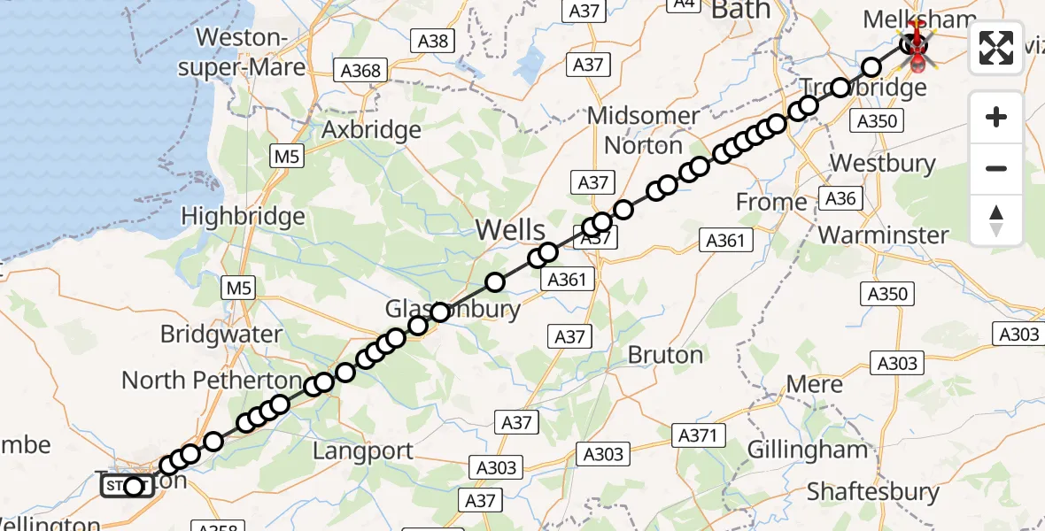 Flight route Air Ambulance Helicopter Musgrove Hospital - Wiltshire Air Ambulance, 12 August 2026, 16:38