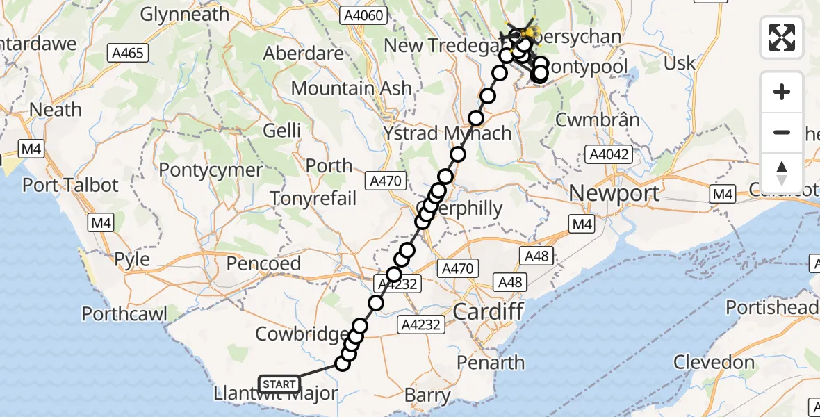 Flight route Police Helicopter Llantwit Major - Abertillery, 12 August 2026, 16:40