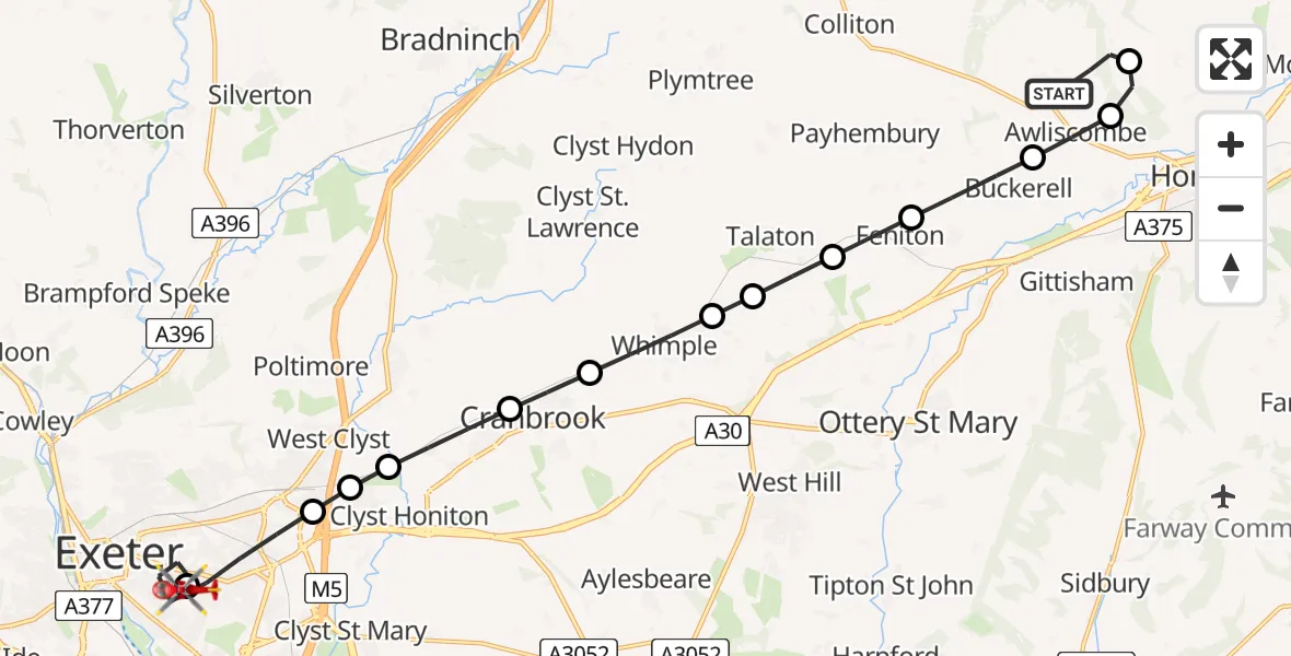 Flight route Air Ambulance Helicopter Awliscombe - Royal Devon & Exeter Hospital, 12 August 2026, 16:40
