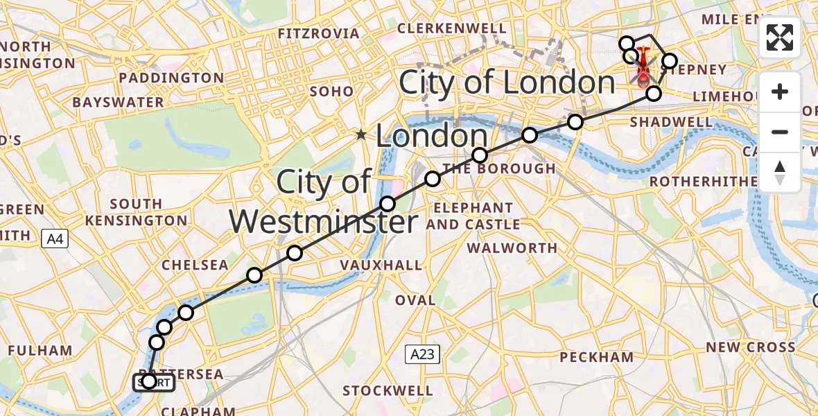 Flight route Air Ambulance Helicopter London Heliport - Royal London Hospital, 12 August 2026, 16:46