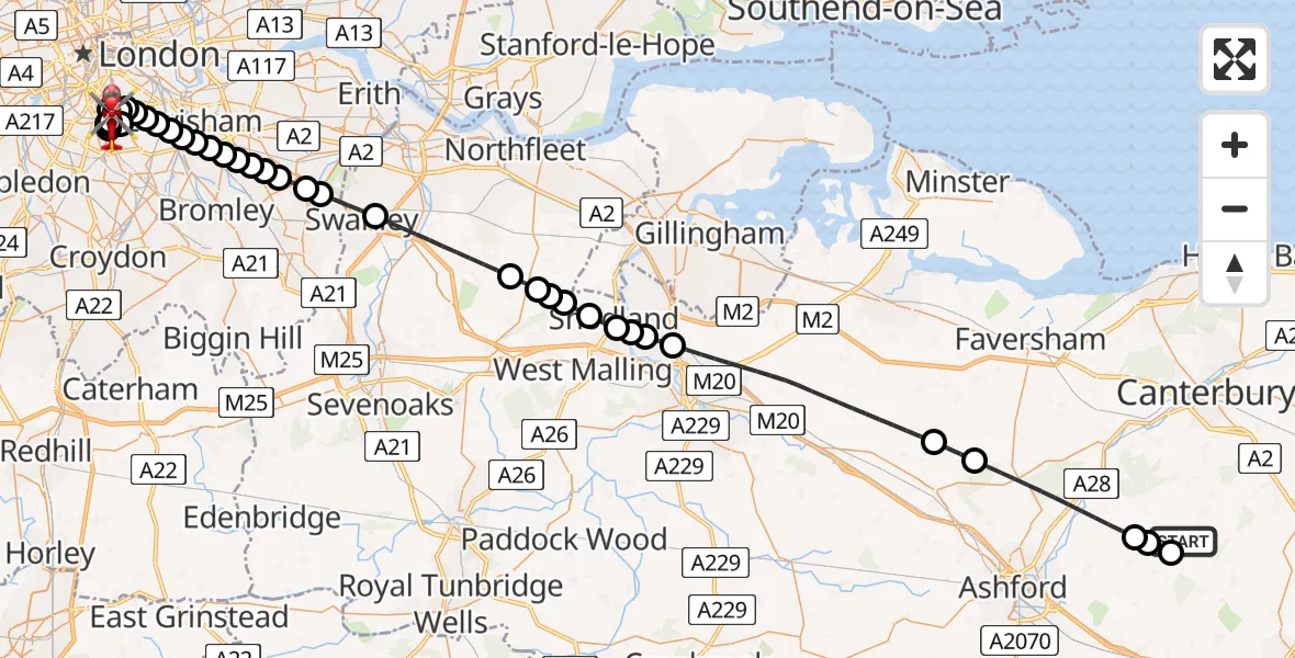 Flight route Air Ambulance Helicopter Stelling Minnis - Loughborough Junction, 12 August 2026, 16:48