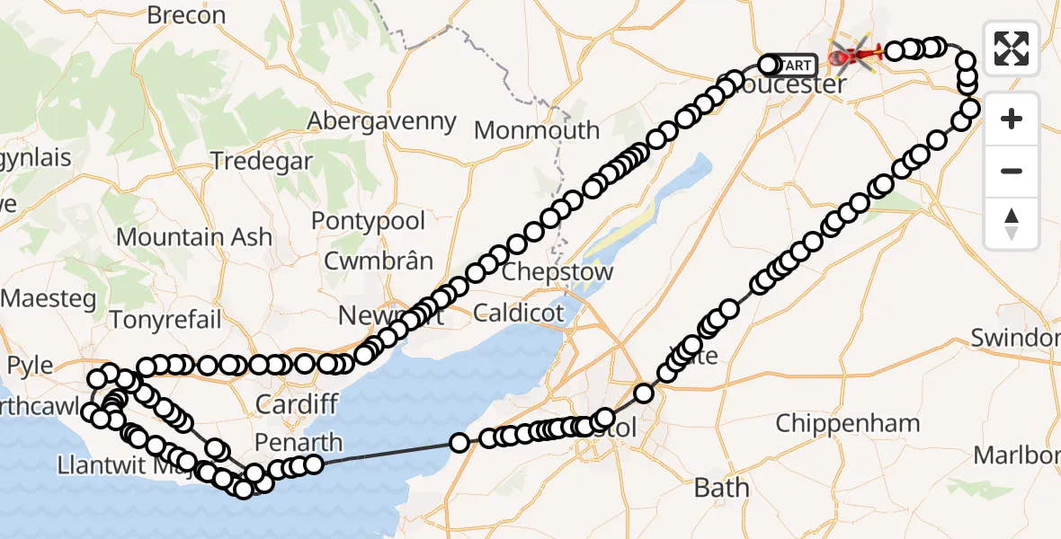 Flight route Air Ambulance Helicopter Tewkesbury - Cheltenham, 12 August 2026, 16:50