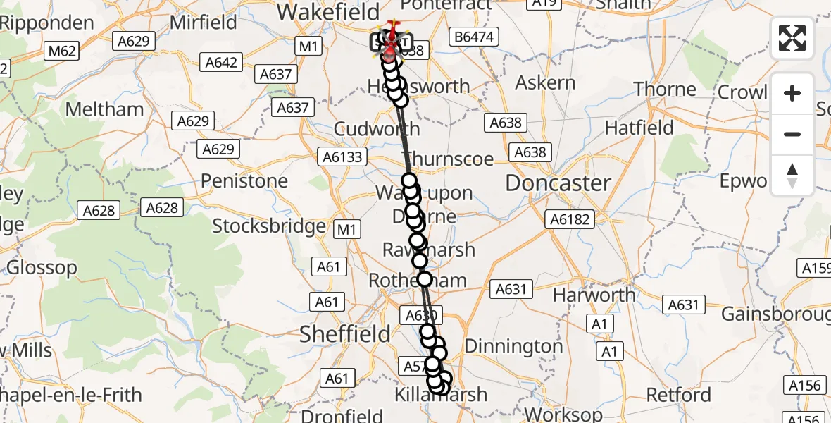 Flight route Air Ambulance Helicopter YAA Nostell Helicopter Port - YAA Nostell Helicopter Port, 12 August 2026, 16:56