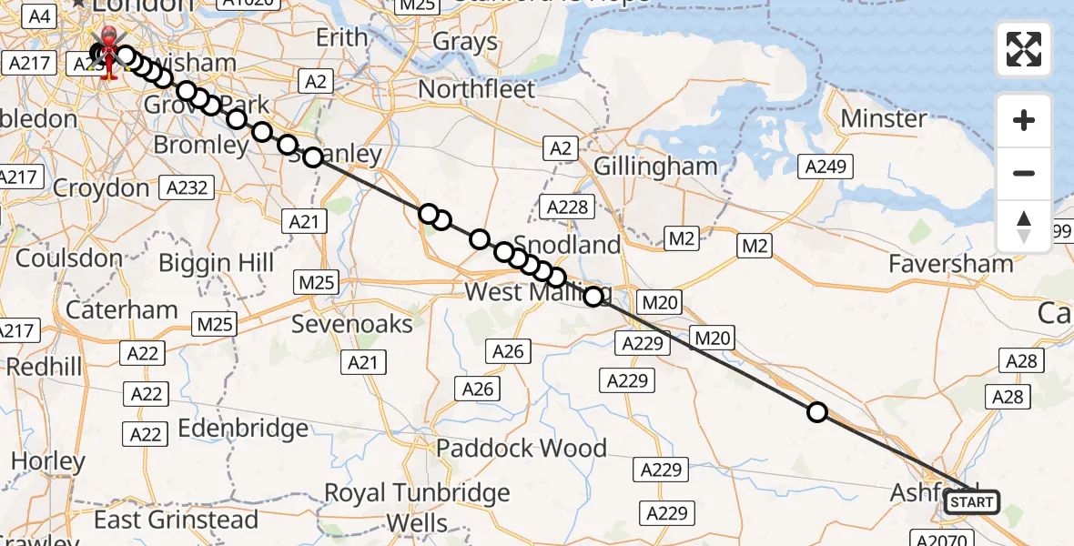 Flight route Air Ambulance Helicopter Ashford - Kings College London Hospital, 12 August 2026, 16:57