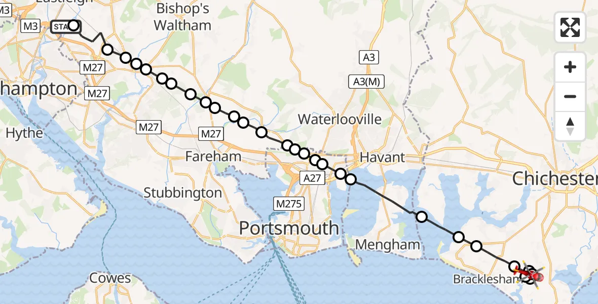 Flight route Air Ambulance Helicopter Southampton Airport - Almodington, 12 August 2026, 16:58