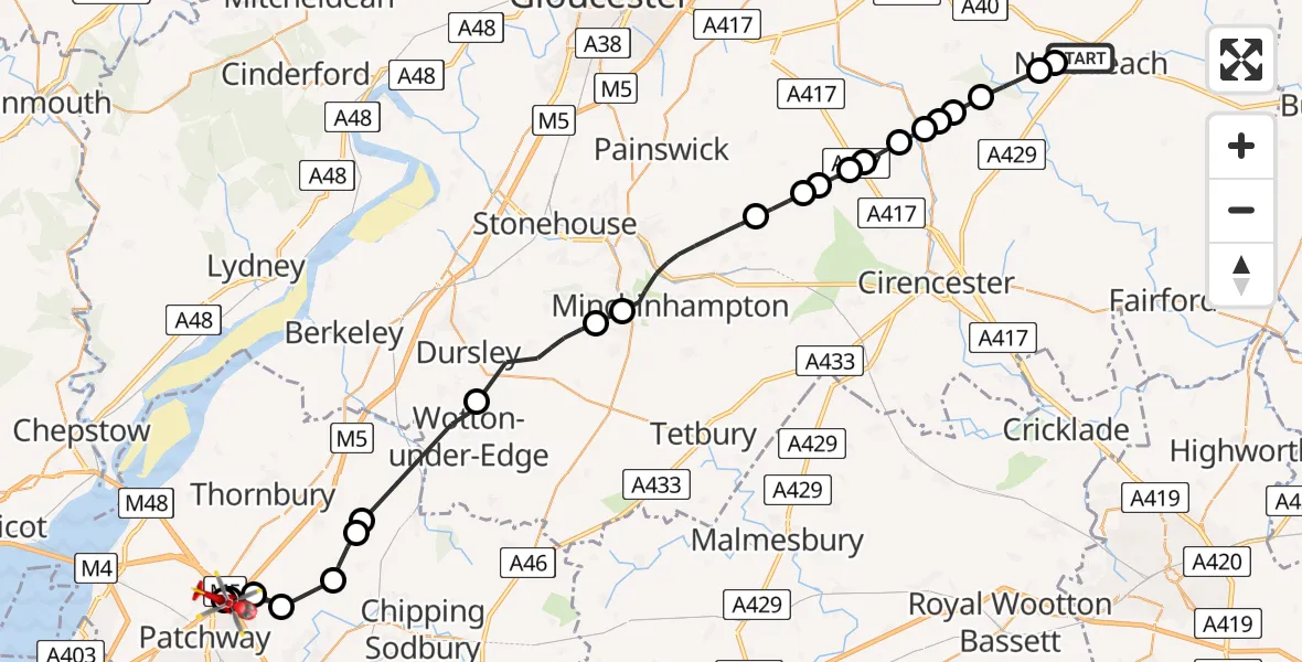 Flight route Air Ambulance Helicopter Northleach - Almondsbury Helicopter Base, 12 August 2026, 17:25