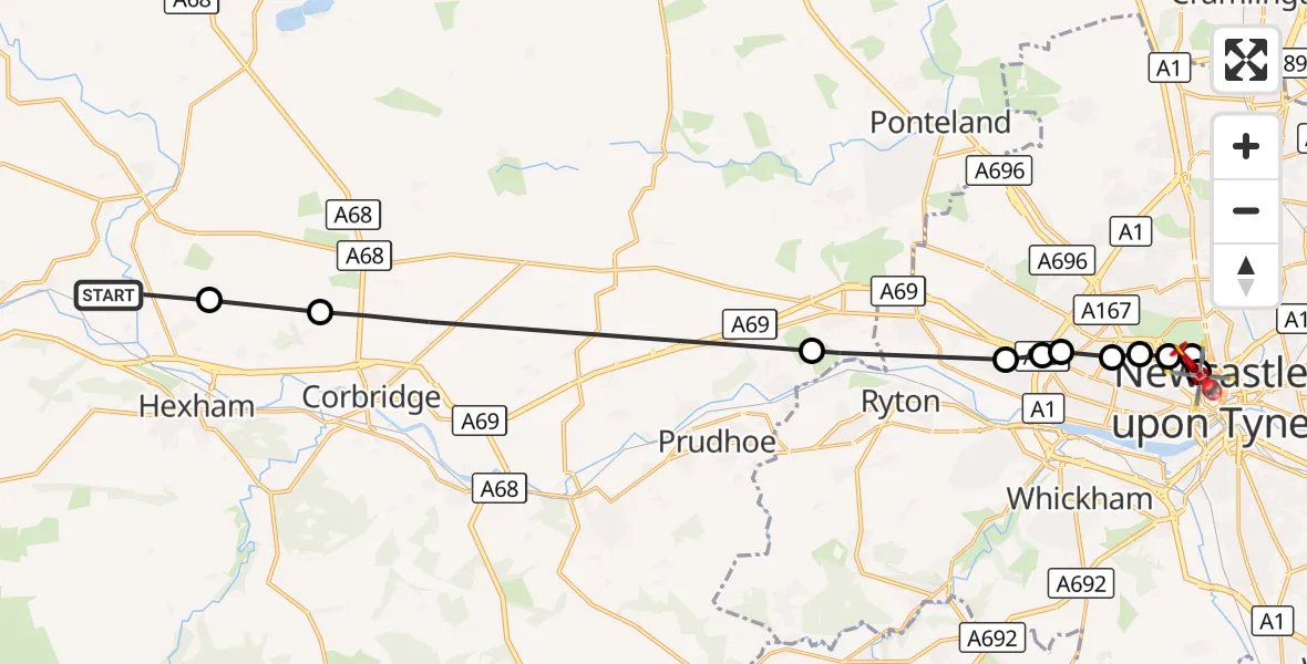Flight route Air Ambulance Helicopter Warden - Newcastle Royal Victoria Infirmary, 12 August 2026, 17:28