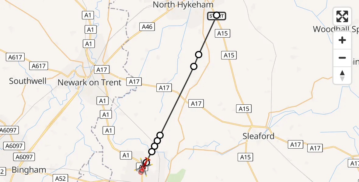 Flight route Air Ambulance Helicopter RAF Waddington - South Kesteven, 12 August 2026, 17:35