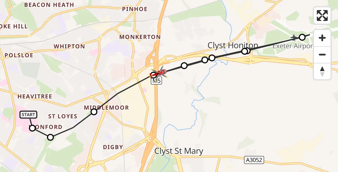 Flight route Air Ambulance Helicopter Royal Devon & Exeter Hospital - Exeter, 12 August 2026, 17:42