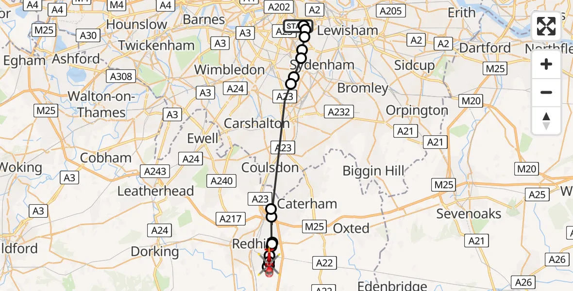 Flight route Air Ambulance Helicopter Kings College London Hospital - Tandridge, 12 August 2026, 17:42