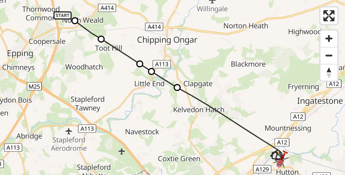 Flight route Air Ambulance Helicopter North Weald Airfield - Brentwood, 12 August 2026, 17:42