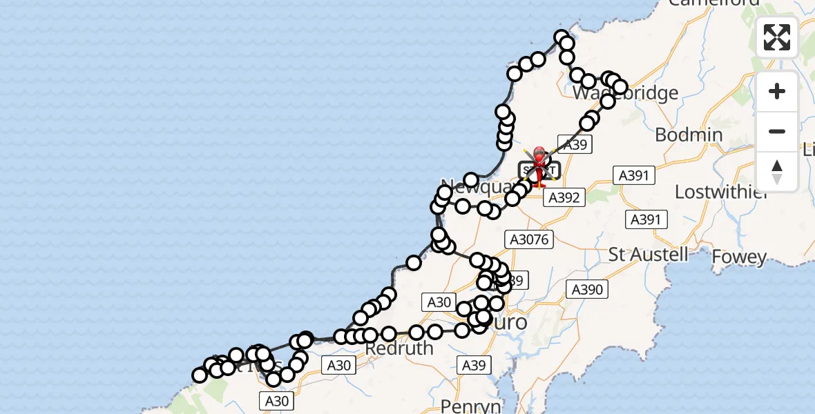 Flight route Air Ambulance Helicopter Cornwall Airport Newquay - Cornwall Airport Newquay, 12 August 2026, 17:52