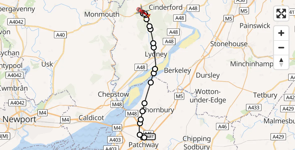 Flight route Air Ambulance Helicopter Almondsbury Helicopter Base - Mile End, 12 August 2026, 17:53