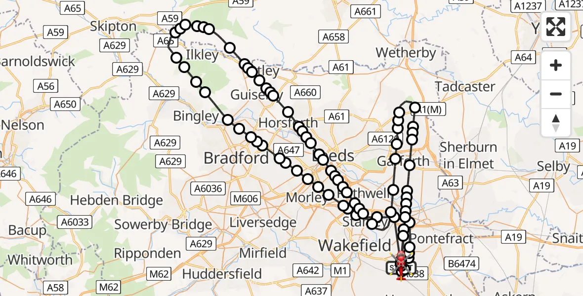 Flight route Air Ambulance Helicopter YAA Nostell Helicopter Port - YAA Nostell Helicopter Port, 12 August 2026, 17:53