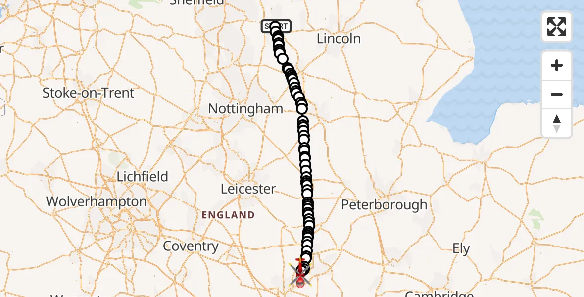 Flight route Air Ambulance Helicopter Retford Gamston Airport - Sywell Aerodrome, 12 August 2026, 17:56