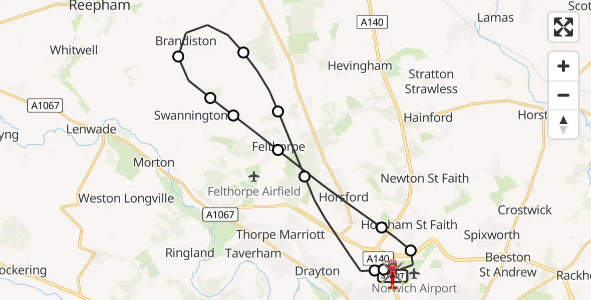 Flight route Air Ambulance Helicopter Norwich Airport - Norwich Airport, 12 August 2026, 17:57