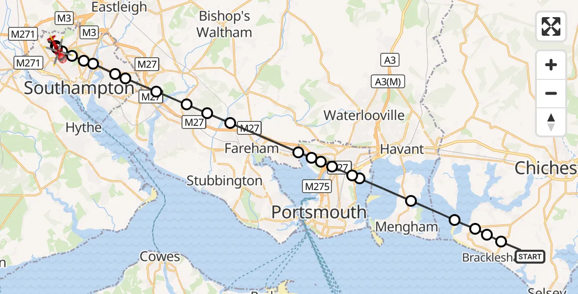 Flight route Air Ambulance Helicopter Almodington - University Hospital Southampton, 12 August 2026, 17:57