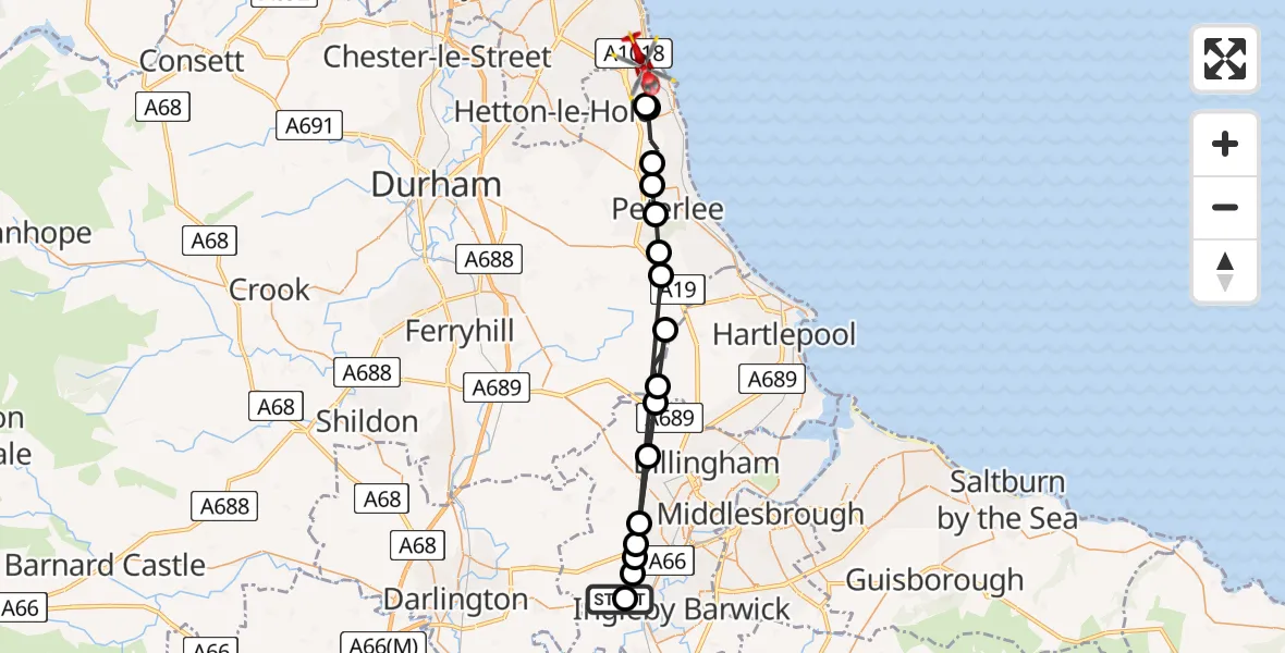Flight route Air Ambulance Helicopter Egglescliffe - Seaham, 12 August 2026, 17:58