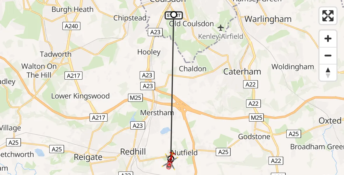 Flight route Air Ambulance Helicopter Croydon - Nutfield, 12 August 2026, 18:00