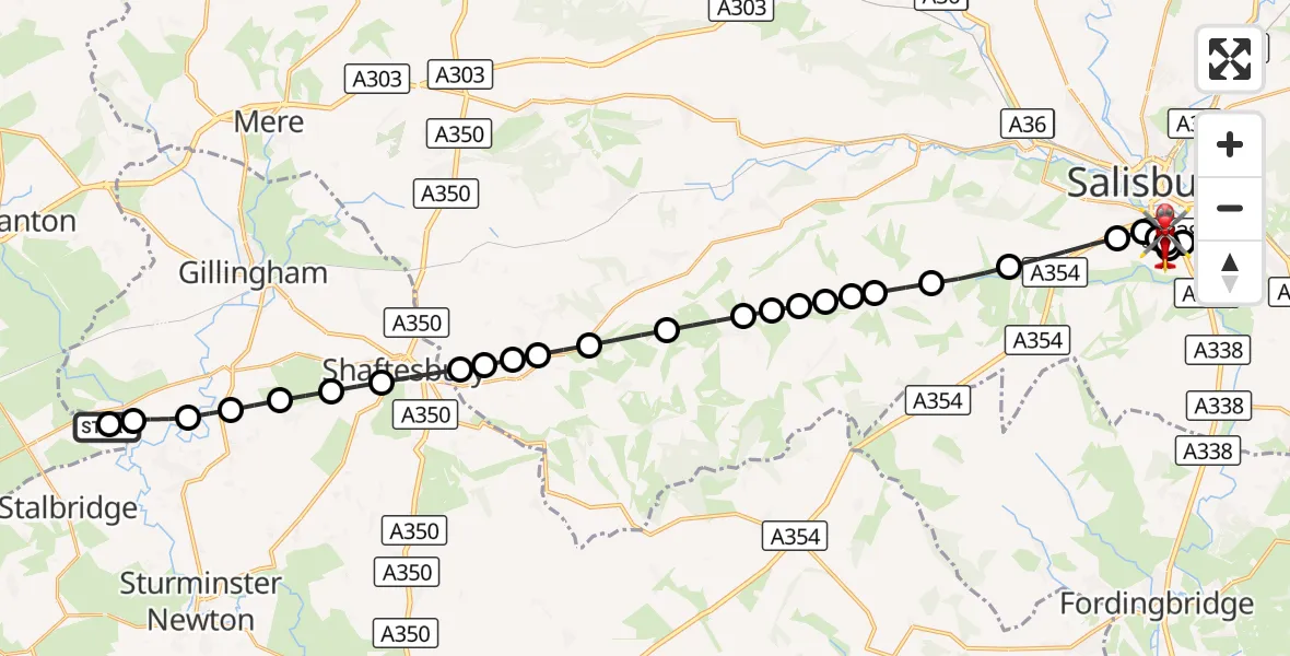 Flight route Air Ambulance Helicopter Henstridge Airfield - Britford, 12 August 2026, 18:18