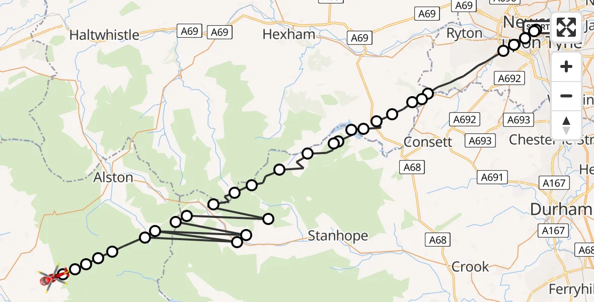 Flight route Air Ambulance Helicopter Newcastle Royal Victoria Infirmary - Culgaith, 12 August 2026, 18:21